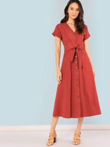 Roll Up Sleeve Button Up Belted Dress