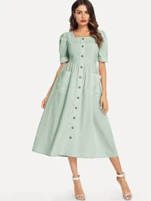 SHEIN Button Through Pocket Patched Midi Dress - Mint Green - View 4