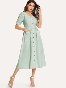SHEIN Button Through Pocket Patched Midi Dress - Mint Green - View 3
