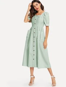 SHEIN Button Through Pocket Patched Midi Dress - Mint Green - View 1