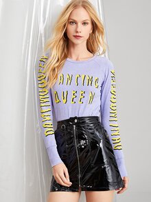 Letter Print Raglan Sleeve Solid Tee
