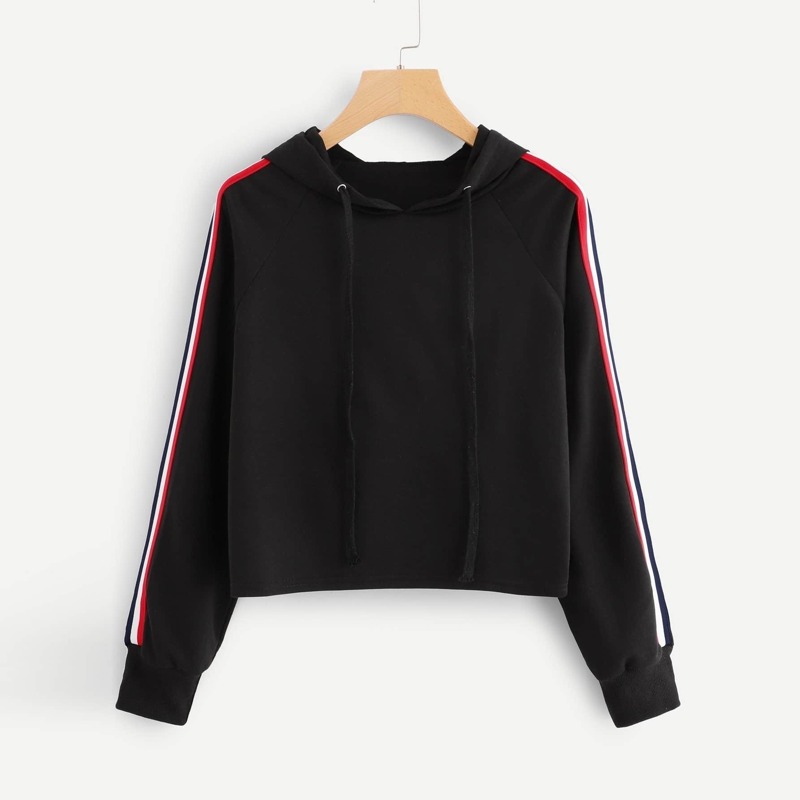 

Striped Tape Drawstring Hoodie, Black