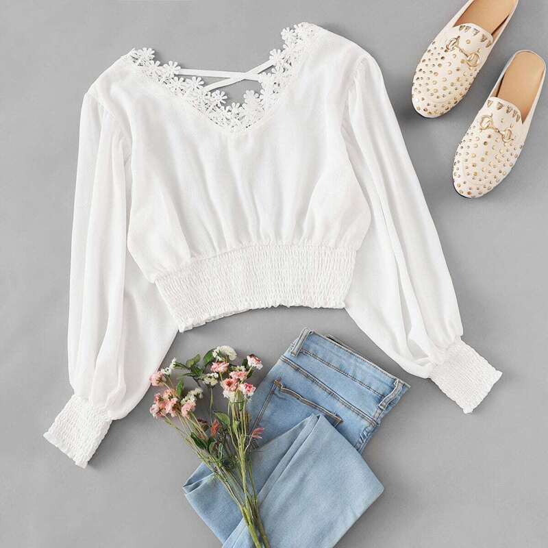 

Lace Panel Shirring Trim Crop Blouse, White