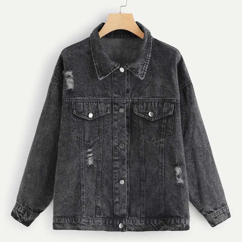 

Chain Detail Letter Print Back Denim Jacket, Black