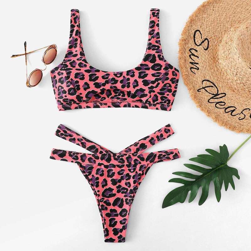 

Leopard Top With Cut-Out High Cut Bikini Set, Multicolor