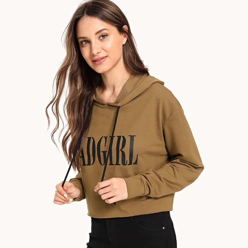 

Letter Print Drop Shoulder Hoodie, Camel