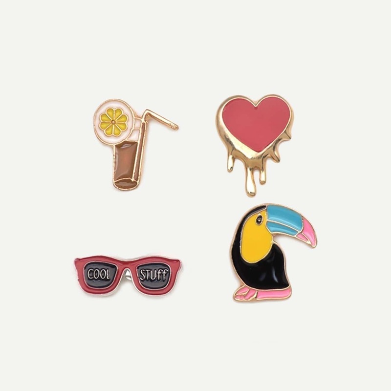 

Heart & Bird Brooch 4pcs, Multicolor