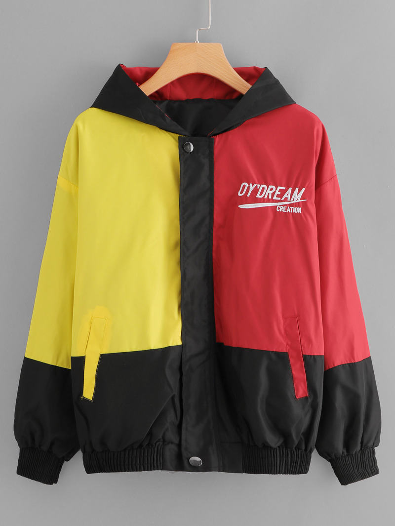 

Letter Embroidered Color Block Jacket, Multicolor