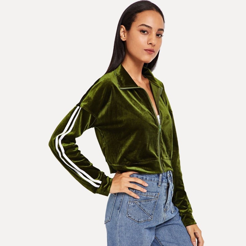 

Striped Tape Side Velvet Jacket, Army green