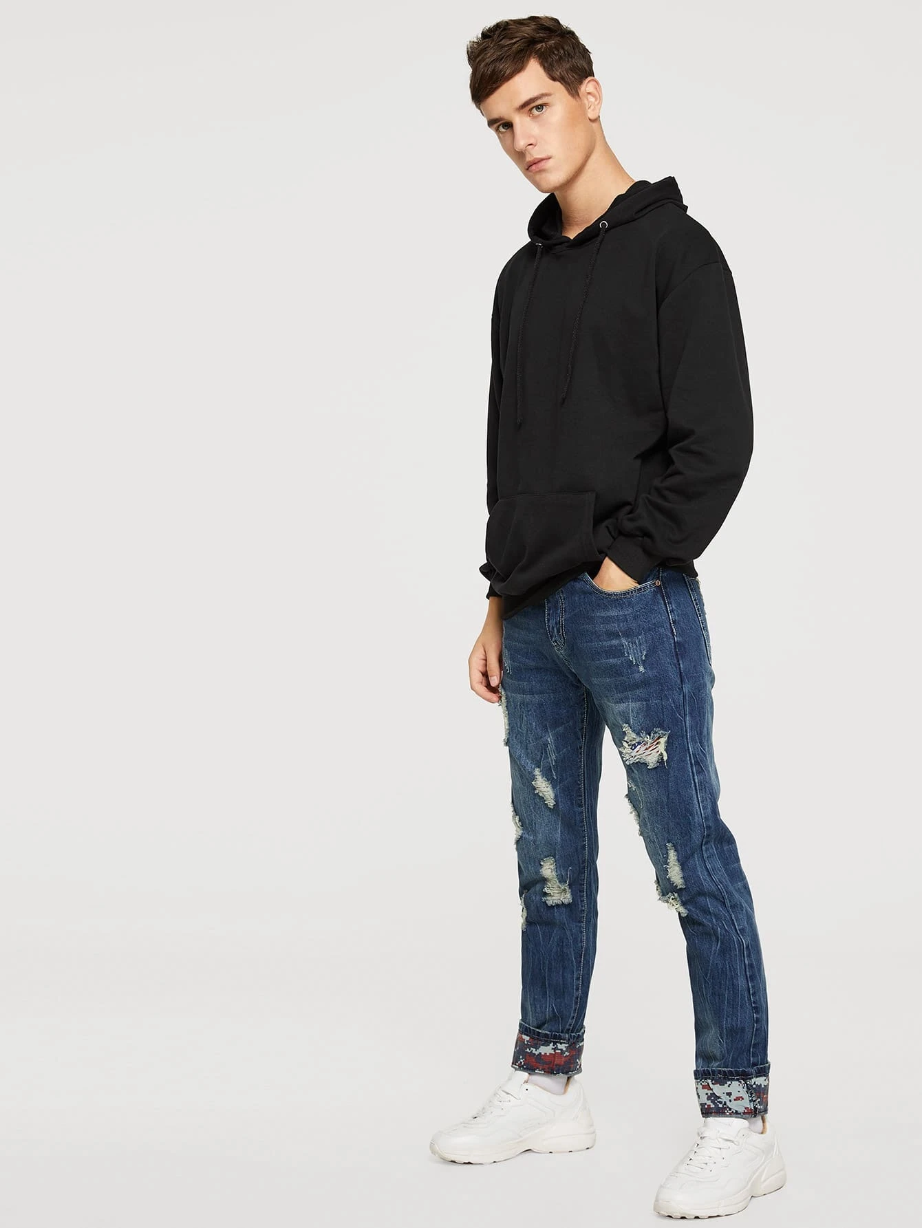 men tape detail rolled hem destroyed jeans