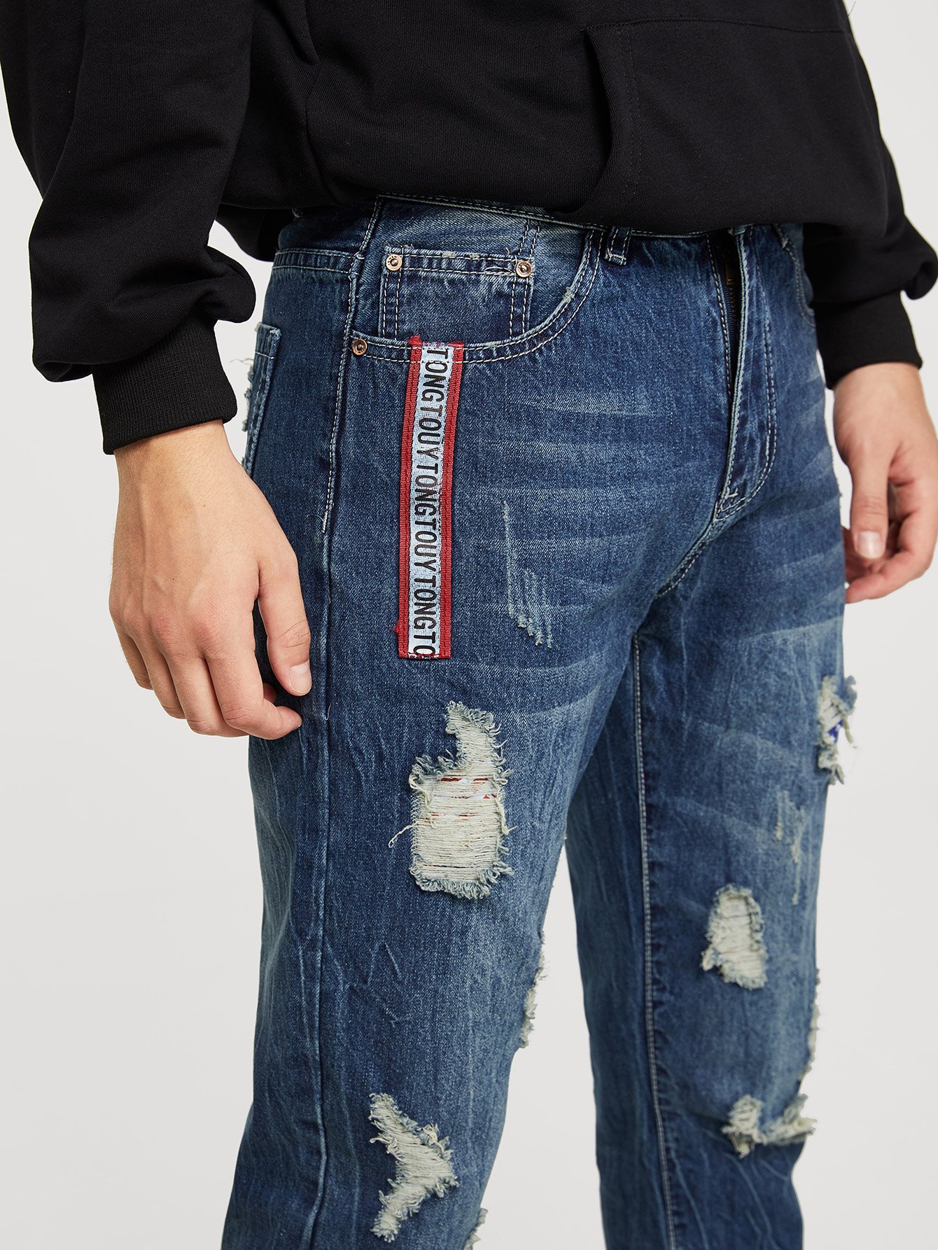 men tape detail rolled hem destroyed jeans