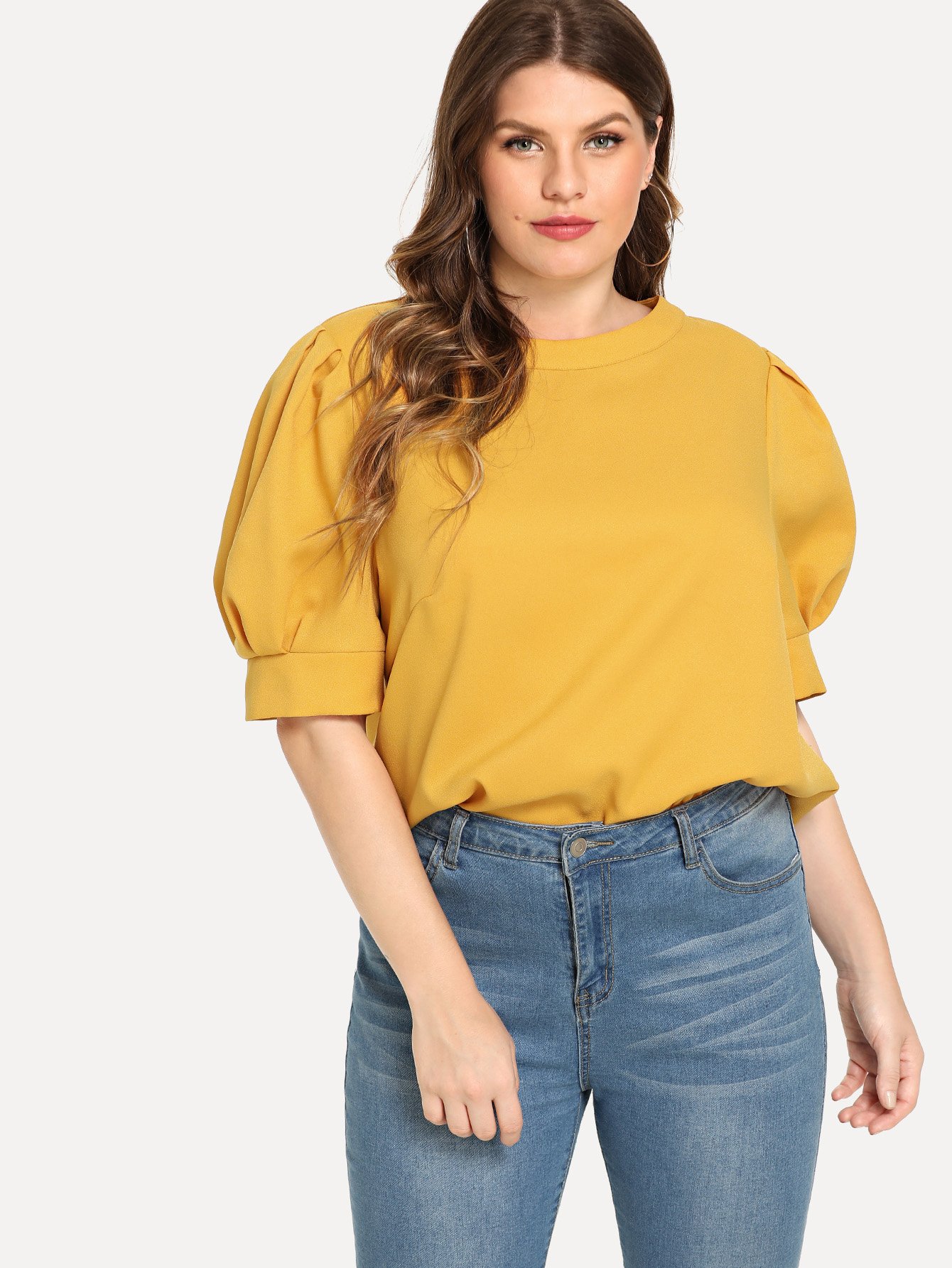 plus puff sleeve solid top -shein(sheinside)