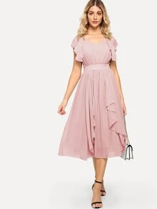 SHEIN Ruffle Detail Layered Midi Dress - Baby Pink - View 3