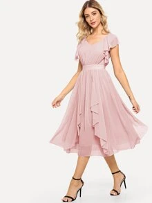 SHEIN Ruffle Detail Layered Midi Dress - Baby Pink - View 1