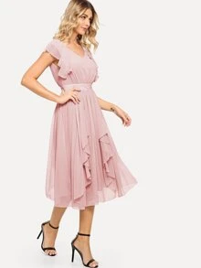 SHEIN Ruffle Detail Layered Midi Dress - Baby Pink - View 4