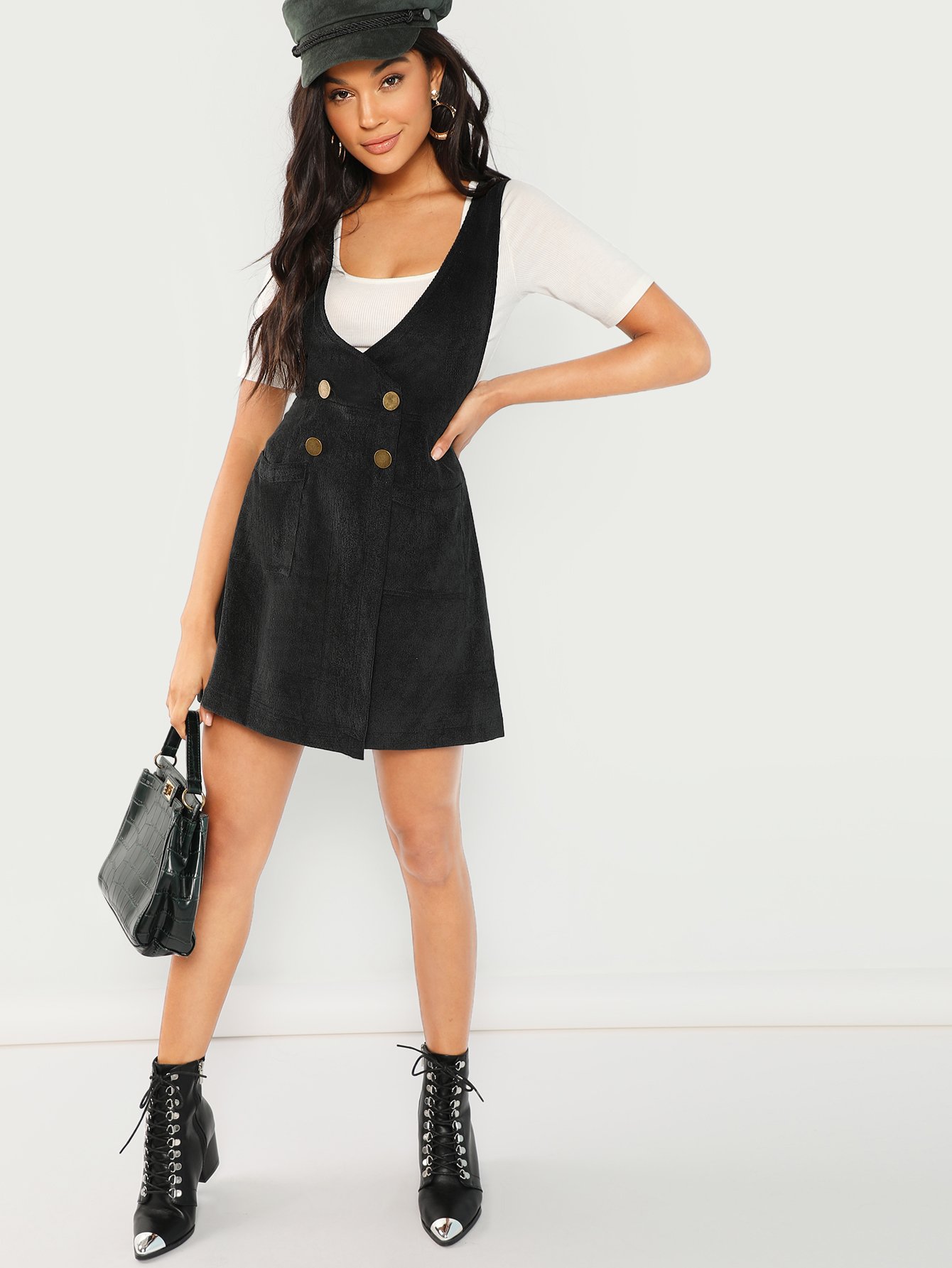 shein double breasted corduroy pinafore dress