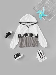 Girls Letter Print Color Block Hoodie Jacket