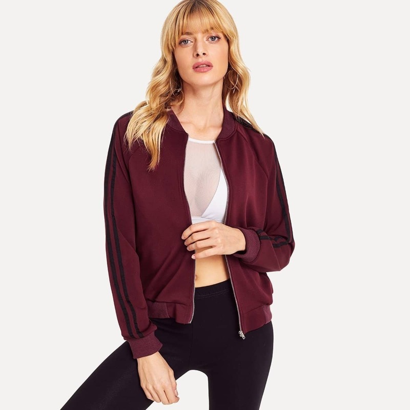 

Striped Sleeve Bomber Jacket, Burgundy