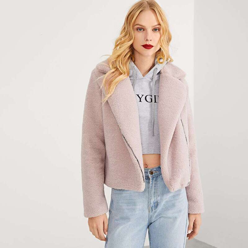

Zip Front Notched Neck Solid Teddy Coat, Pink