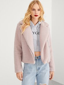 Zip Front Notched Neck Solid Teddy Coat