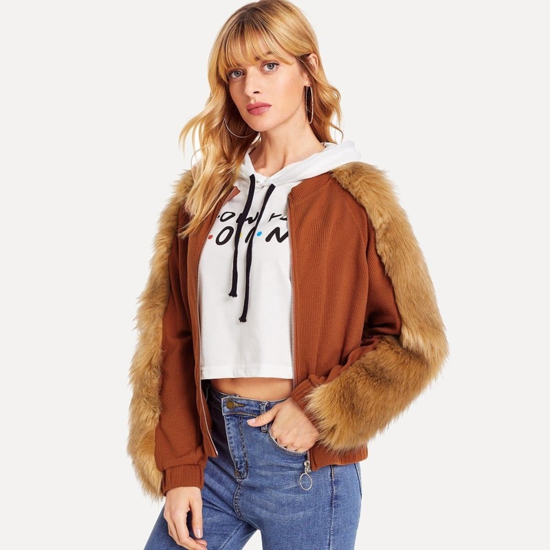 

Zip Front Faux Fur Contrast Coat, Brown