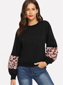 Drop Shoulder Contrast Faux Fur Sweatshirt