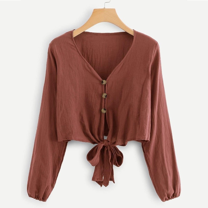 

Button Front Knot Blouse, Red