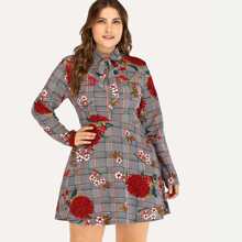 Plus Size Knot Front Floral Embroidery Dress - $16.00