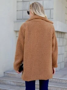 Zip Up Solid Pocket Teddy Coat - Camel - View 2