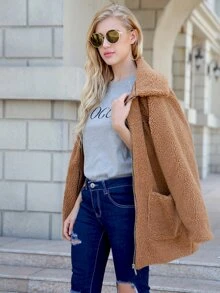 Zip Up Solid Pocket Teddy Coat - Camel - View 4