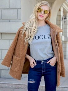 Zip Up Solid Pocket Teddy Coat - Camel - View 3