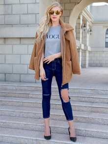 Zip Up Solid Pocket Teddy Coat - Camel - View 5