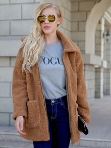 Zip Up Solid Pocket Teddy Coat - Camel - View 1