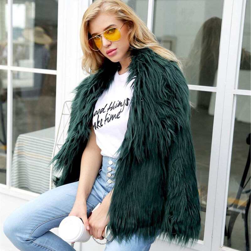 

Solid Faux Fur Outerwear, Dark green
