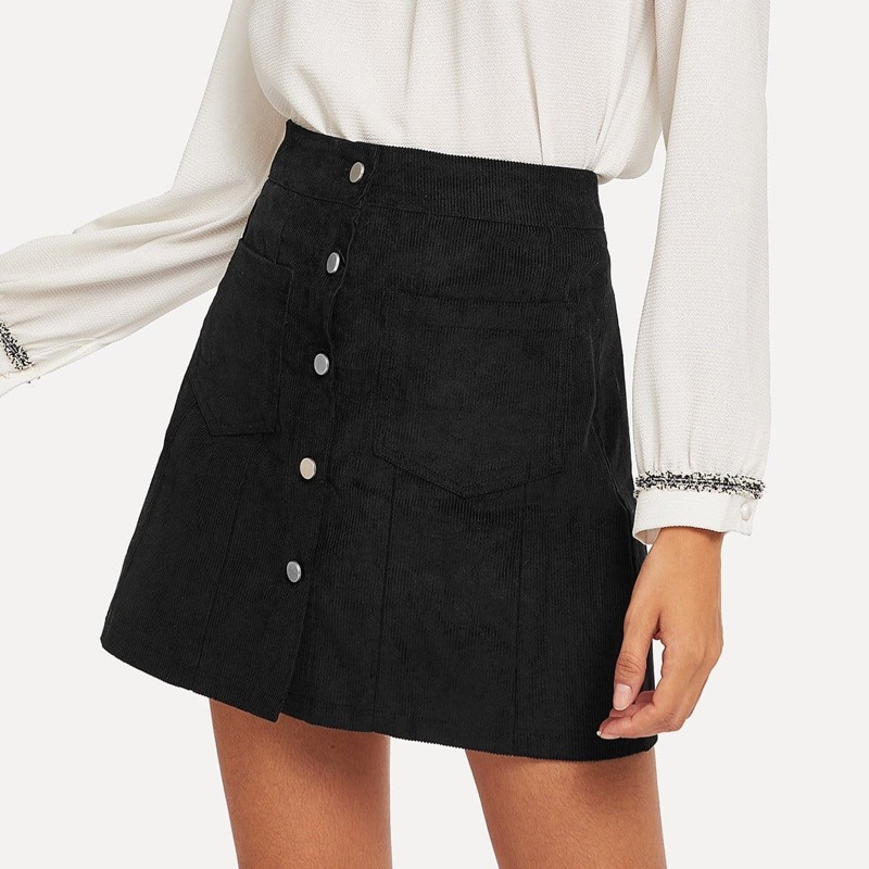 

Pocket Front Button Detail Skirt, Black