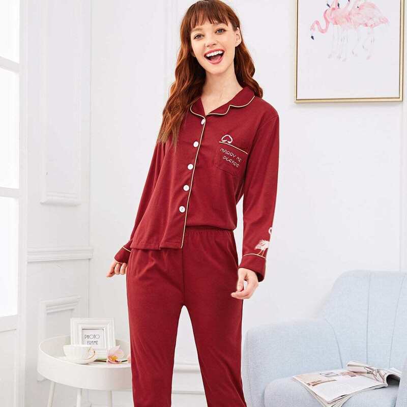 

Contrast Binding Flamingo Print Pajama Set, Red
