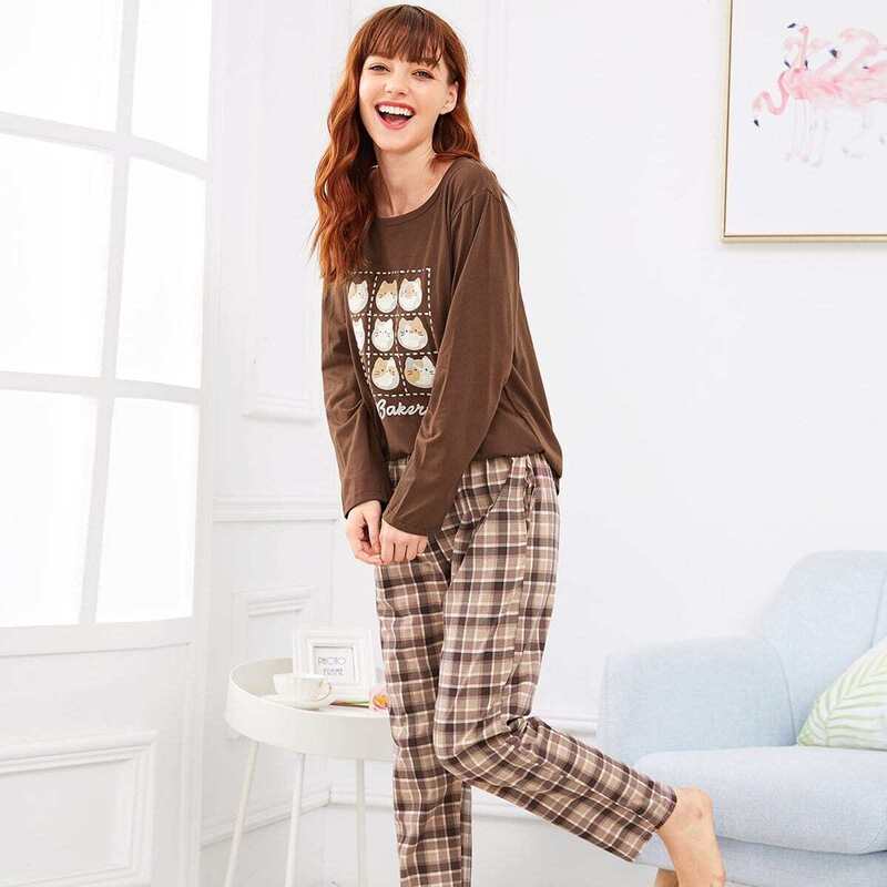 

Cat Print Plaid Pajama Set, Multicolor
