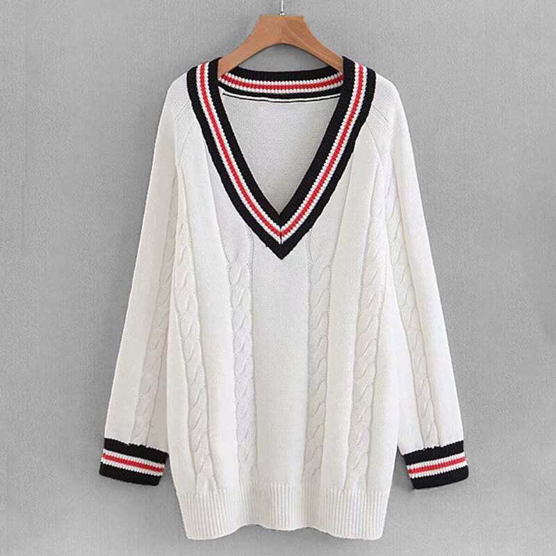 

Contrast Stripe Trim Cable Knit Jumper, White
