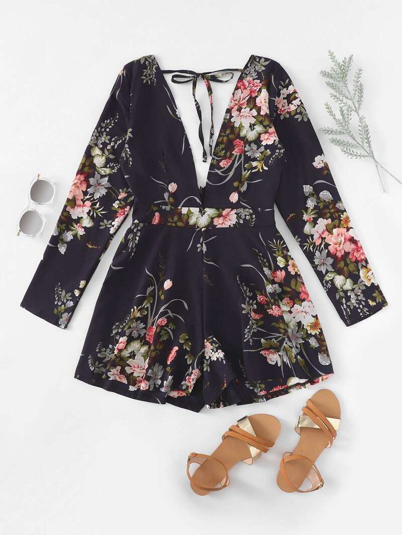 

Deep V Neckline Tie Back Floral Print Romper, Multicolor