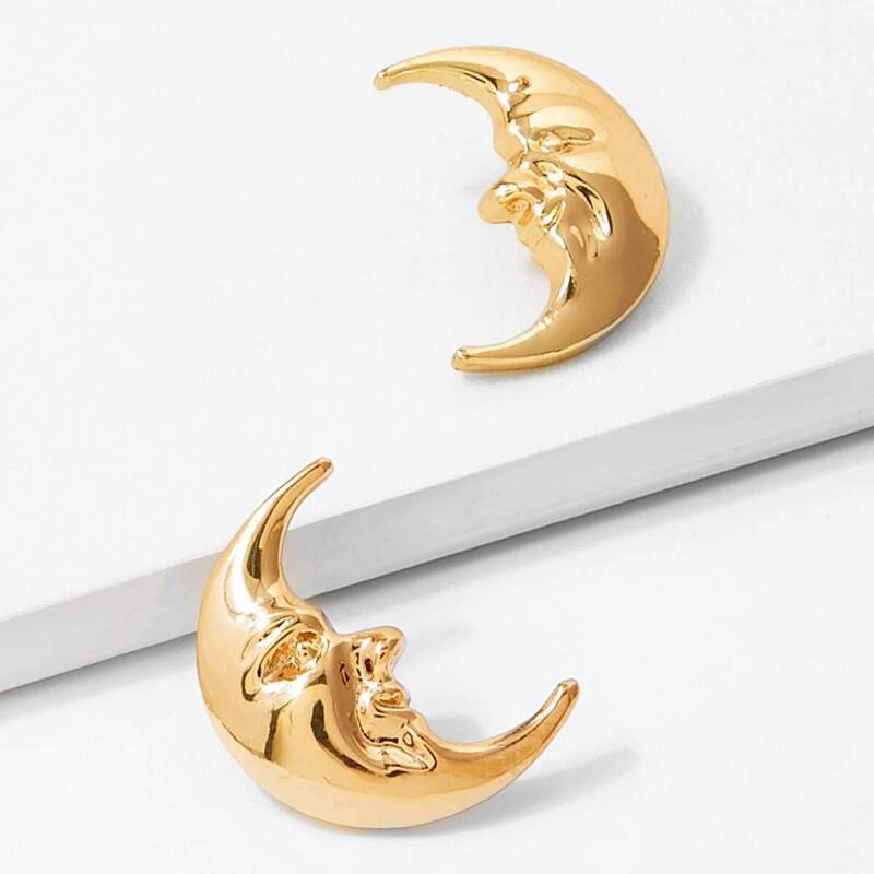 

Face Design Moon Stud Earrings 1pair, Gold