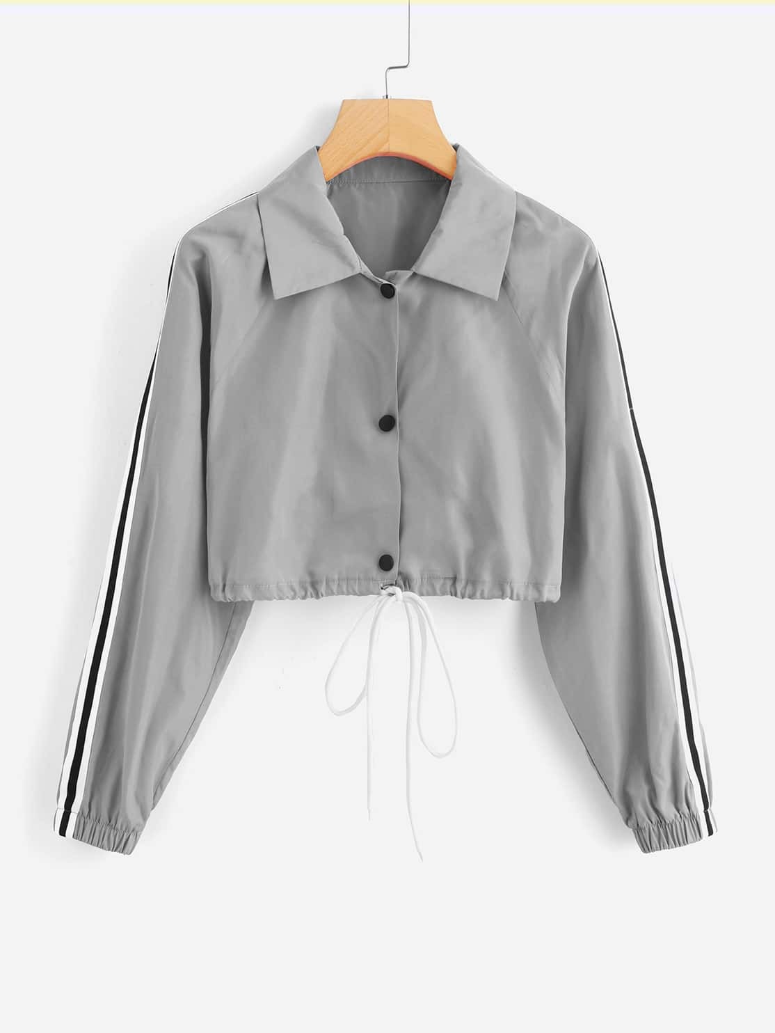 

Striped Tape Side Drawstring Hem Jacket, Grey