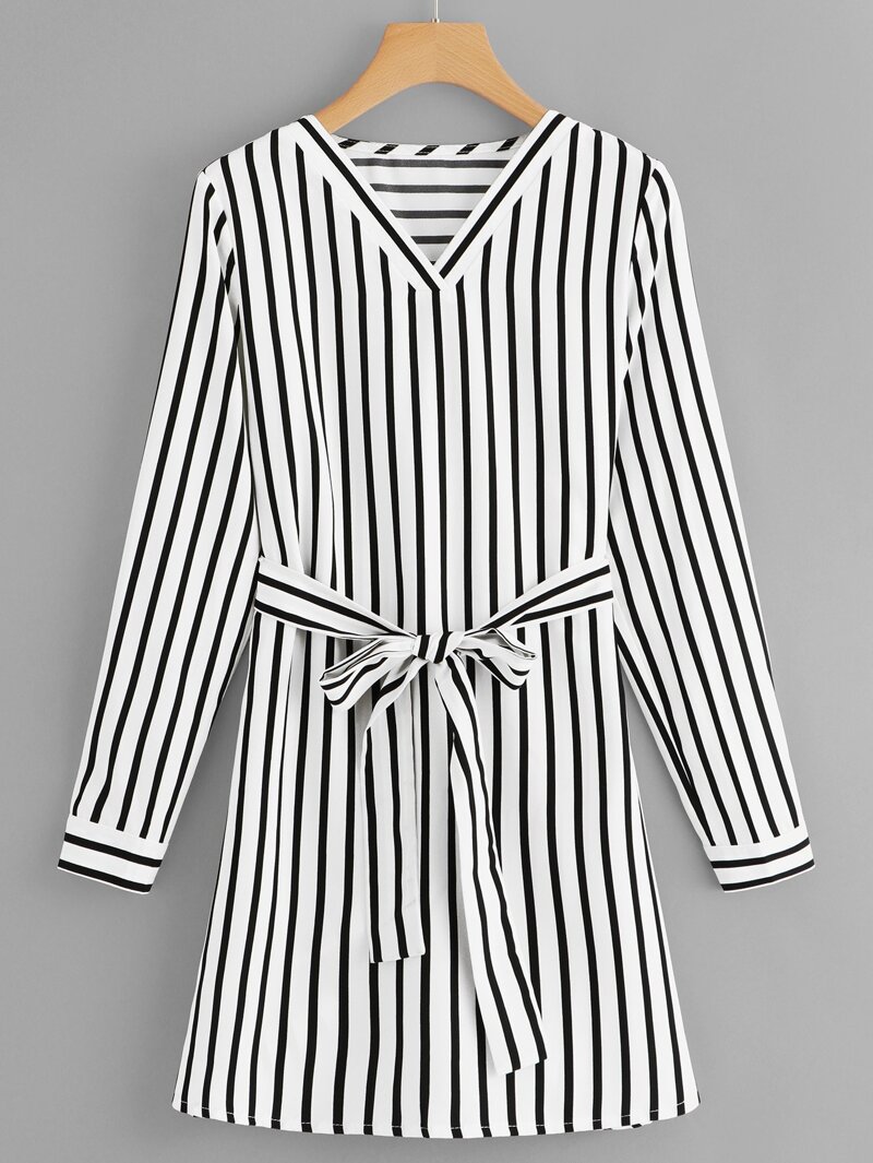 

Self Tie Striped Dress, Black and white