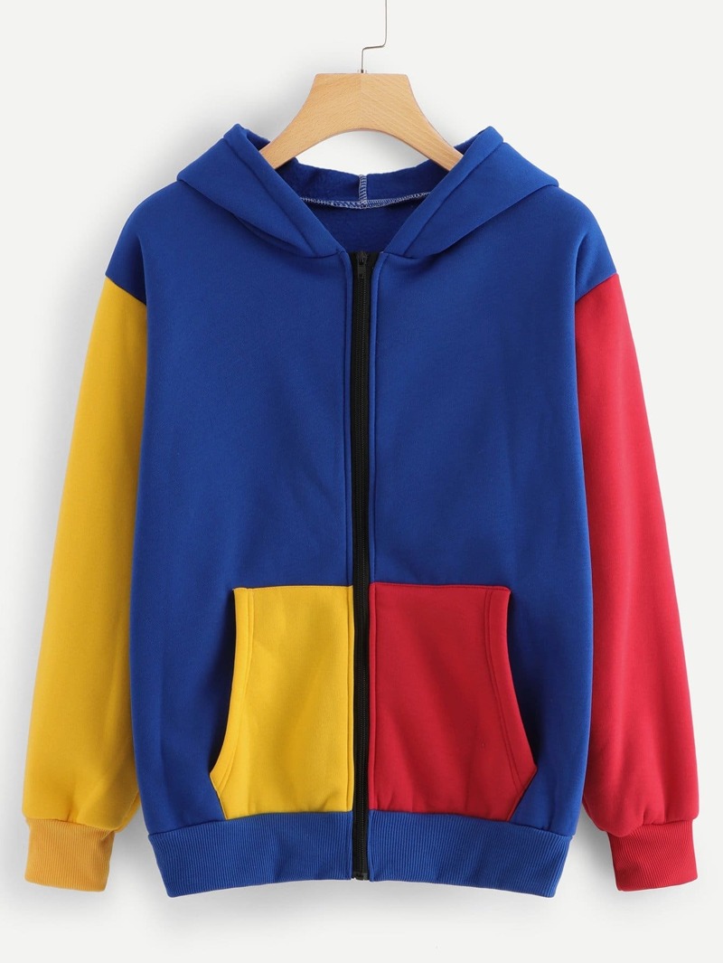 

Zip Up Hoodie Colorblock Sweatshirt, Blue