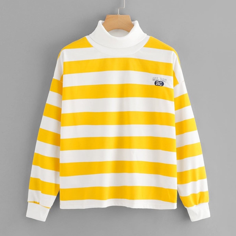 

Striped High Neck Embroidered Sweatshirt, Yellow