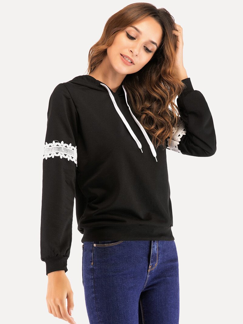 

Lace Panel Rib Trim Hoodie, Black