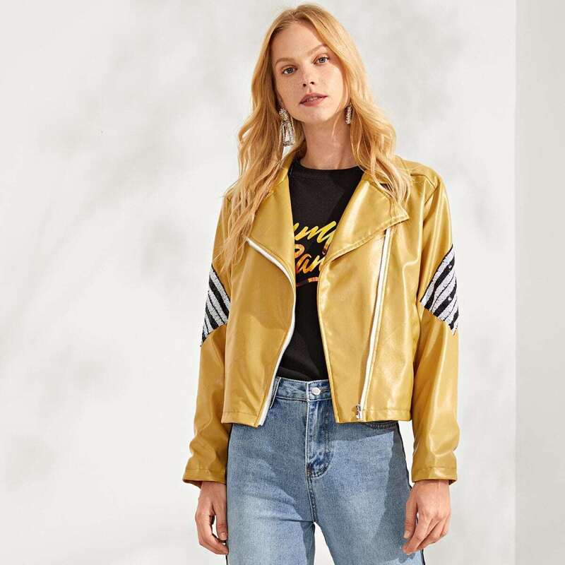 

Faux Leather Zip Up Pocket Notched Neck Jacket, Yellow