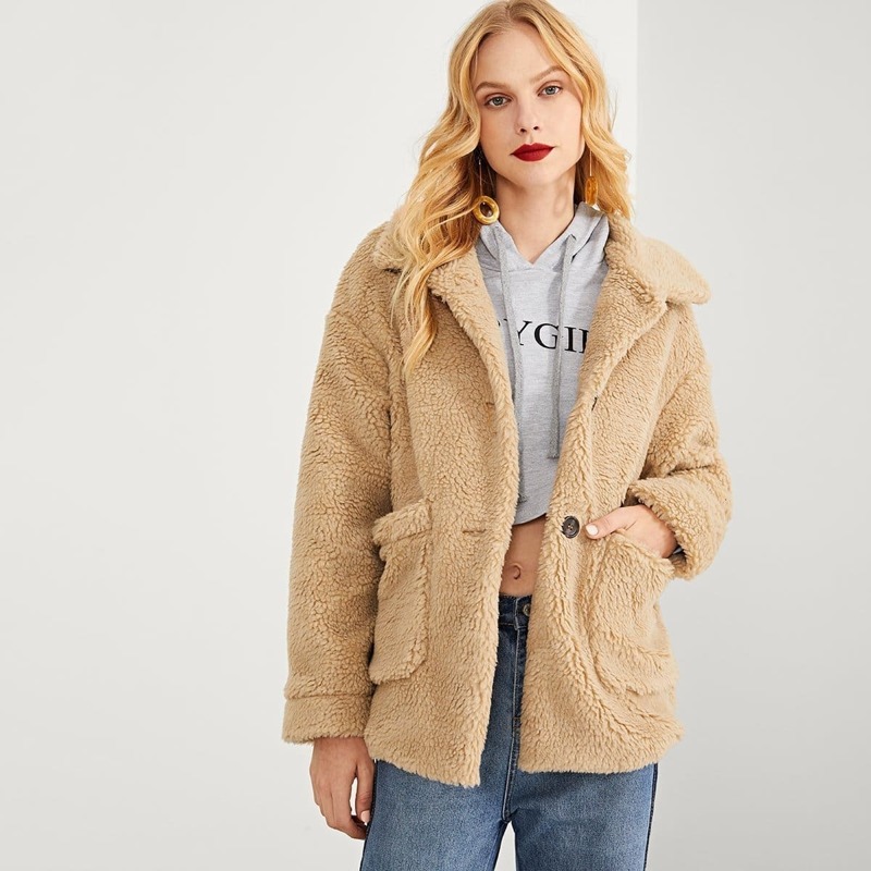 

Button & Pocket Front Teddy Coat, Beige