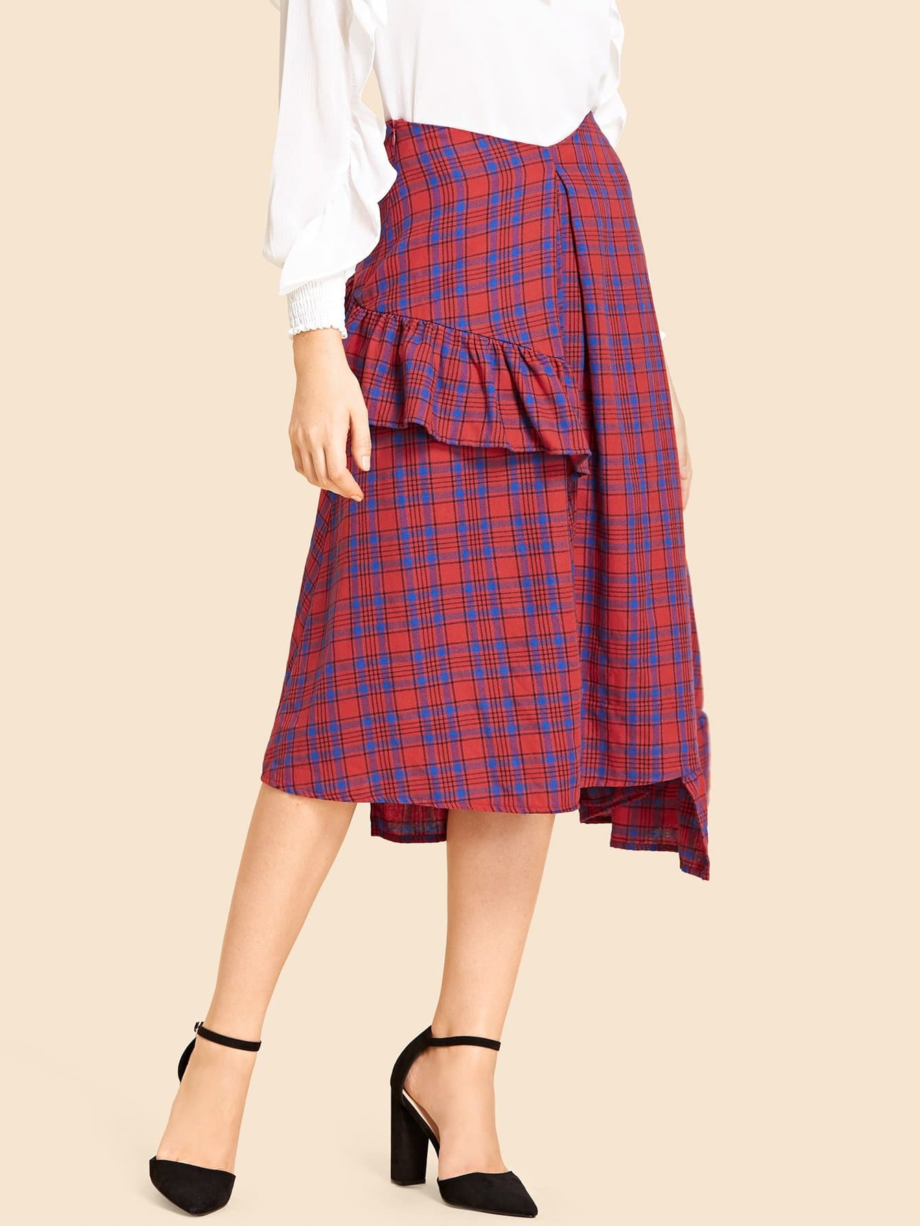 ruffle trim asymmetrical plaid skirt