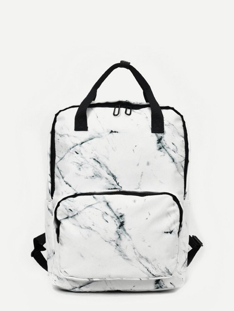 

Marble Print Square Backpack, White