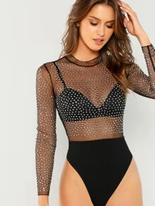 SHEIN Frill Neck Semi Sheer Bodysuit Without Bra - Black - View 4